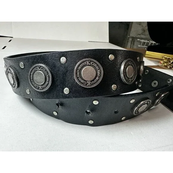 Calvin Klein Belt XL Black Leather Coins Rocker Moto Chic CK 